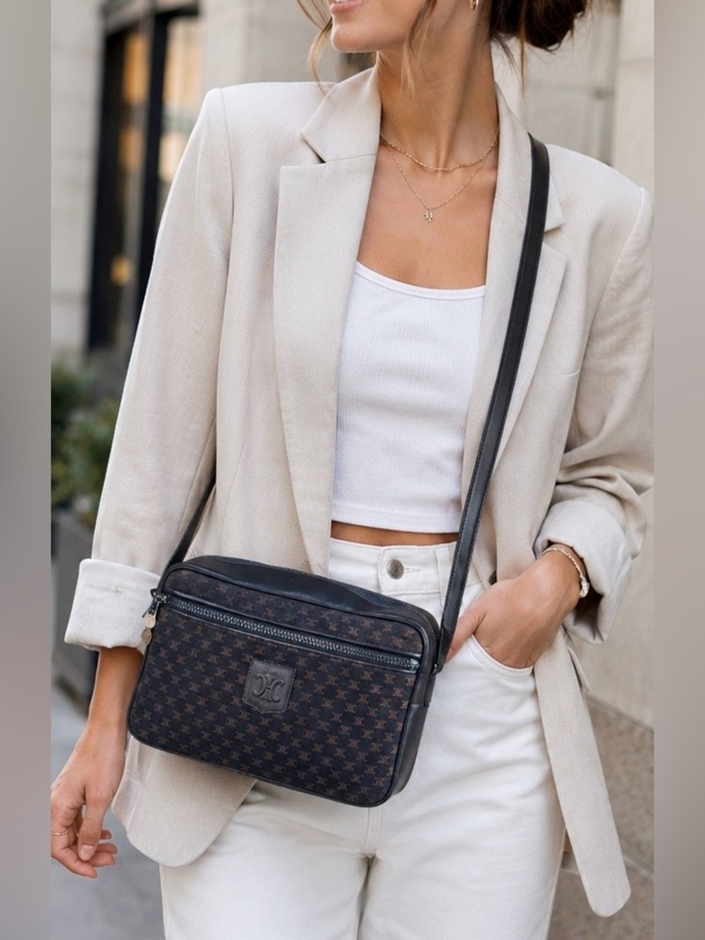 Celine Macadam Triomphe Dark Navy Blue Crossbody Shoulder Bag. Comes with COA